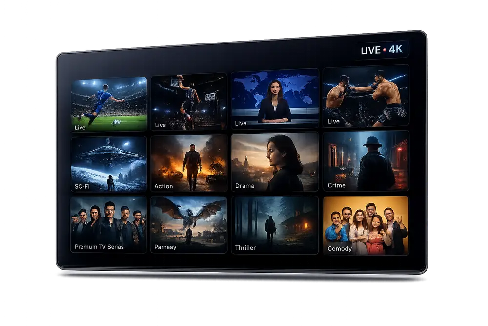 Watch live TV, sports, and movies in 4K with IPTV interface showing live sports, news, and 4K movie channels on a Smart TV